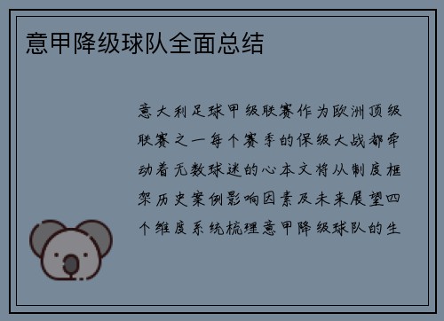 意甲降级球队全面总结
