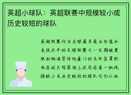 英超小球队：英超联赛中规模较小或历史较短的球队